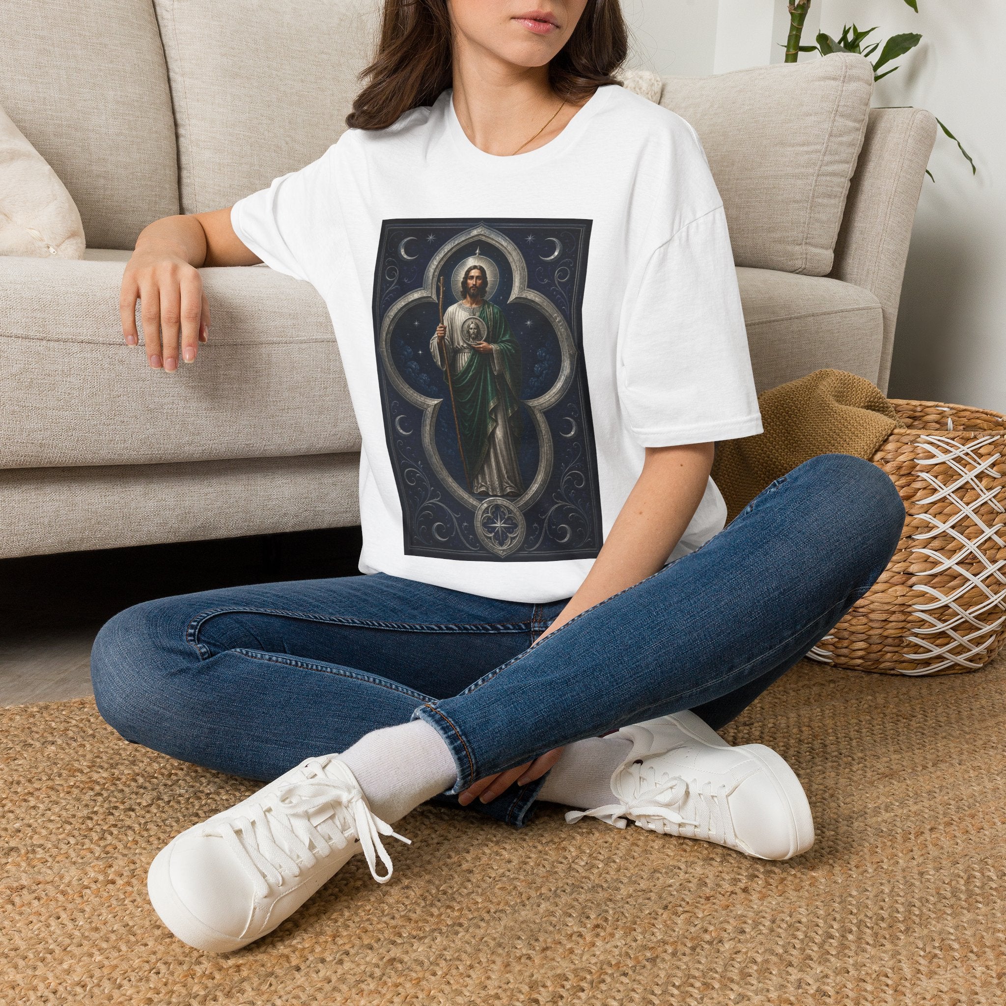 San Judas Tadeo Silver Moon Quatrefoil Unisex T-Shirt product preview, view 2