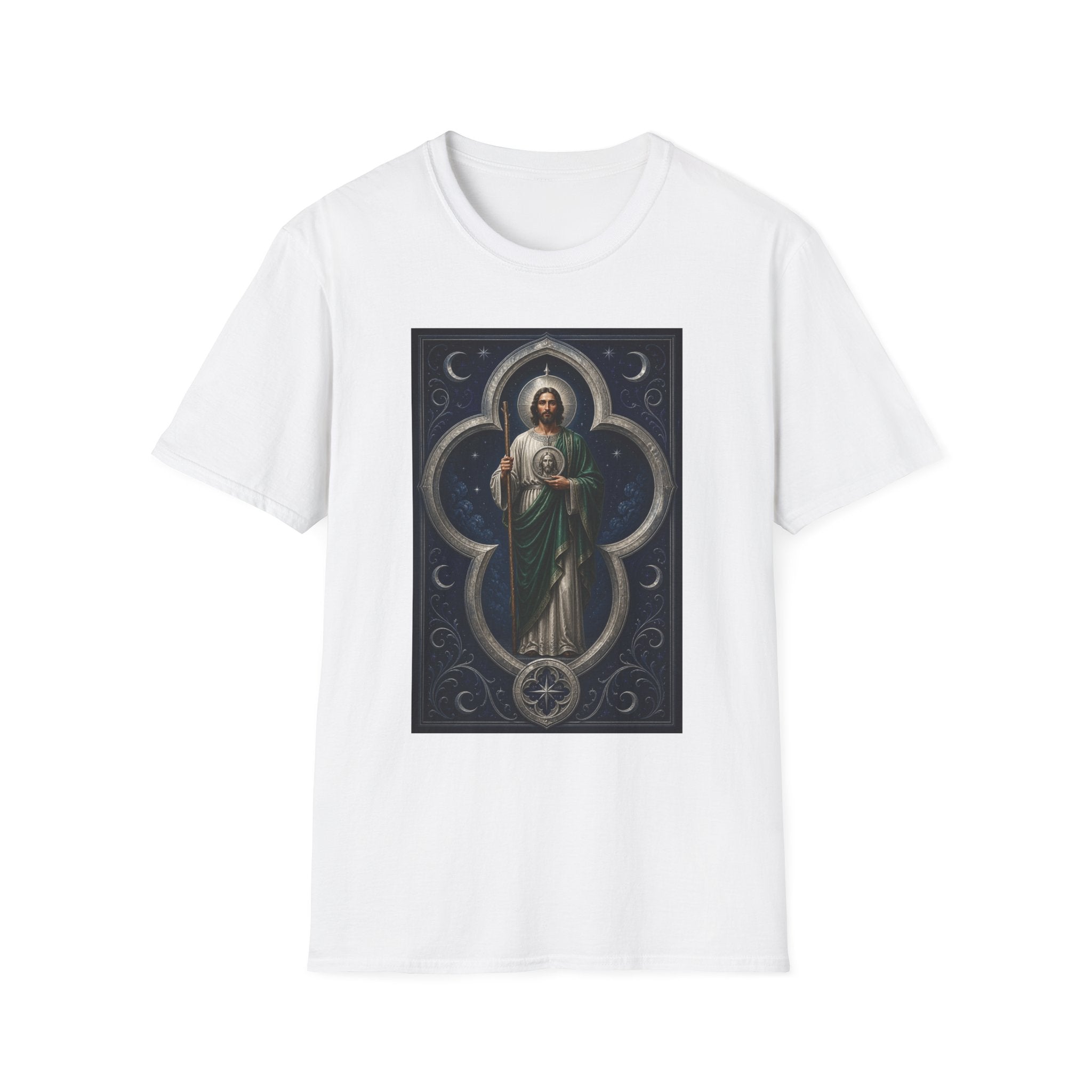 San Judas Tadeo Silver Moon Quatrefoil Unisex T-Shirt product preview, view 3