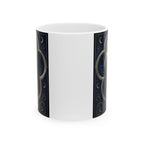 silver, indigo, and ivory San Judas Tadeo Silver Moon Quatrefoil illustration on a 11 oz ceramic mug