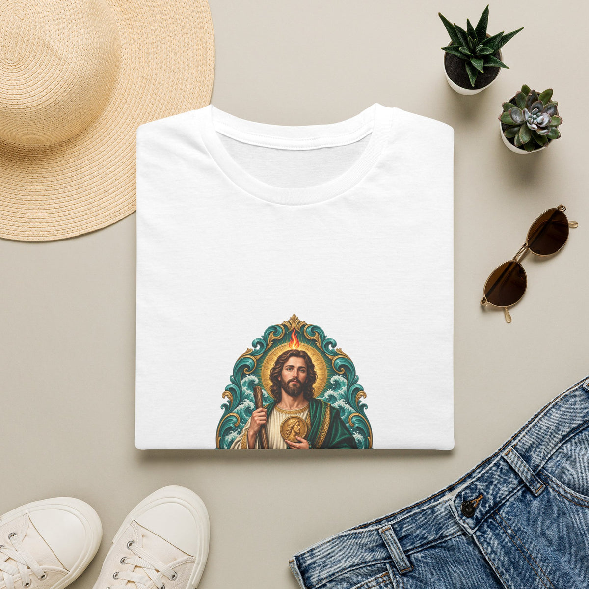 San Judas T-shirt with teal rosary harbor and gold details