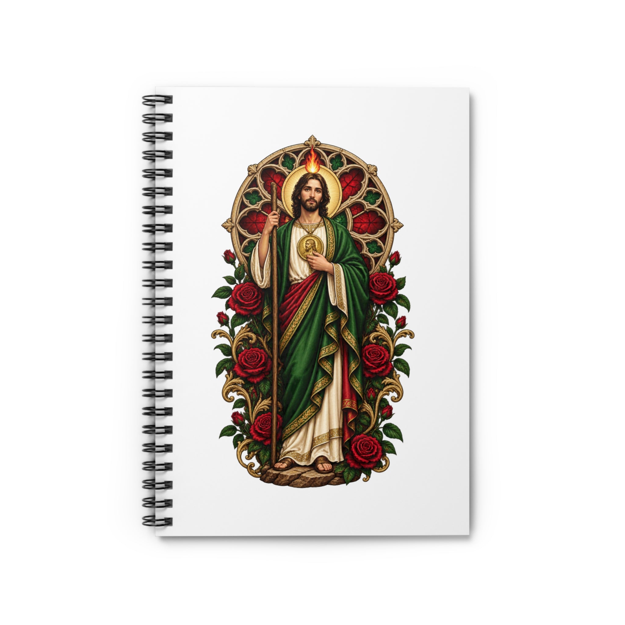 Crimson Rose Window San Judas Tadeo illustration on a spiral notebook