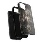 San Judas phone case with black and grey Gothic cathedral artwork, detail view 18
