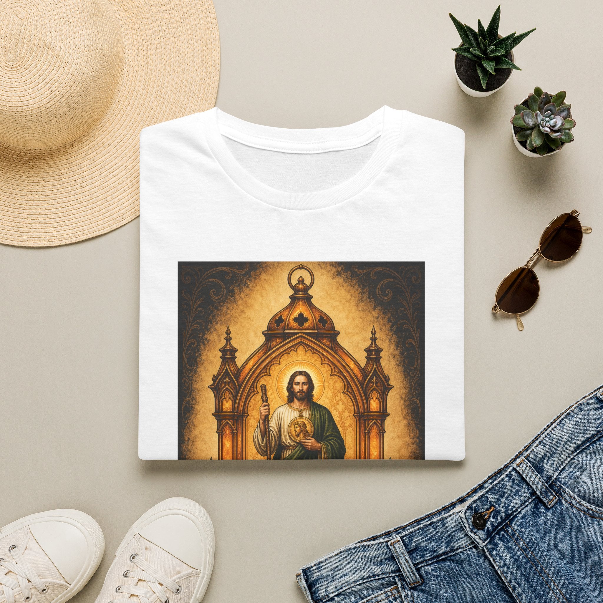 amber, charcoal, and olive San Judas Tadeo Amber Pilgrim Lantern illustration on a unisex T-shirt