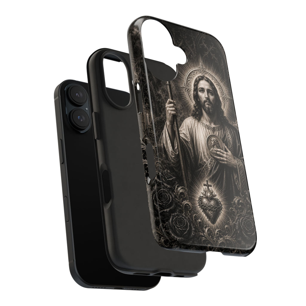 San Judas phone case with black and grey Gothic cathedral artwork, detail view 27