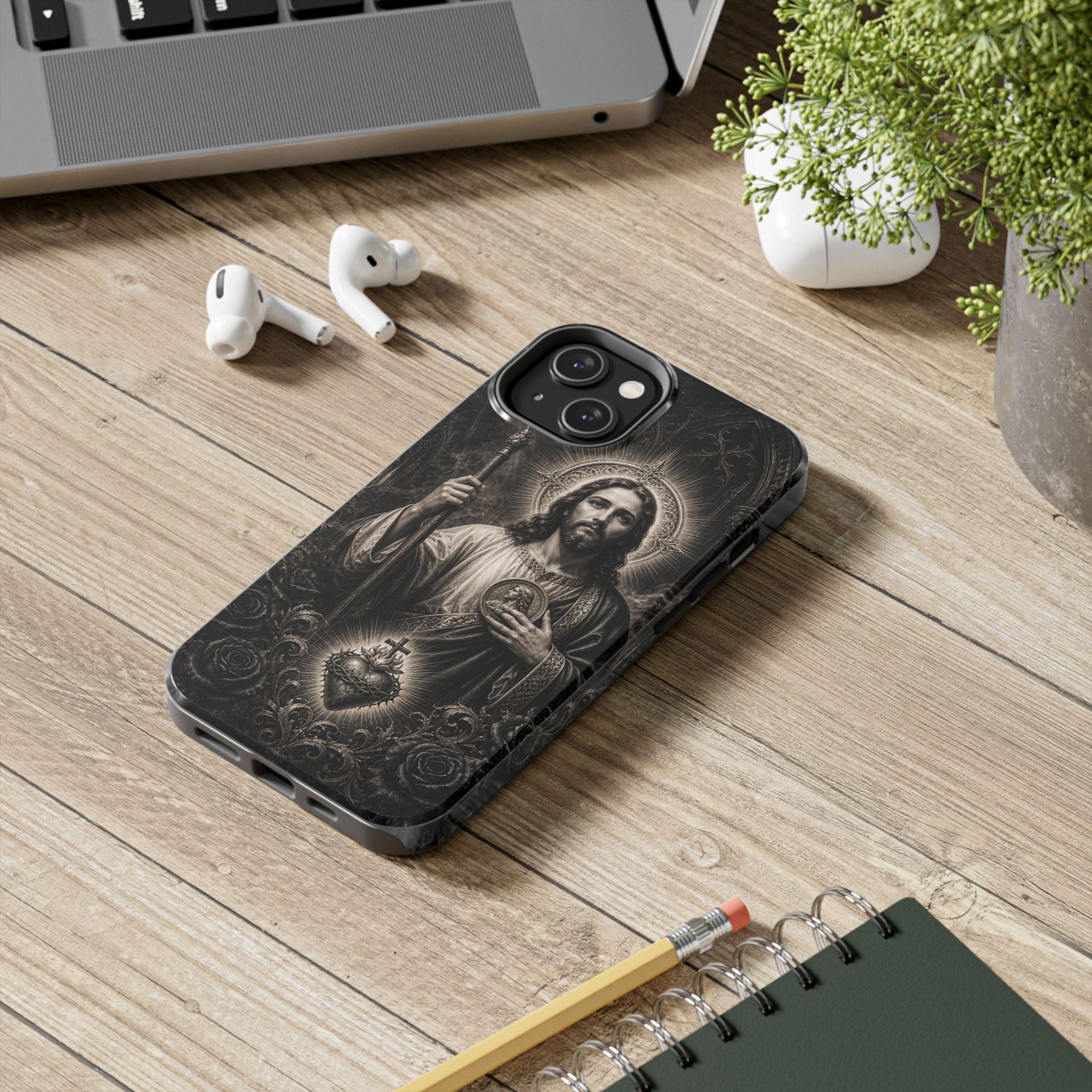 San Judas phone case with black and grey Gothic cathedral artwork, detail view 15