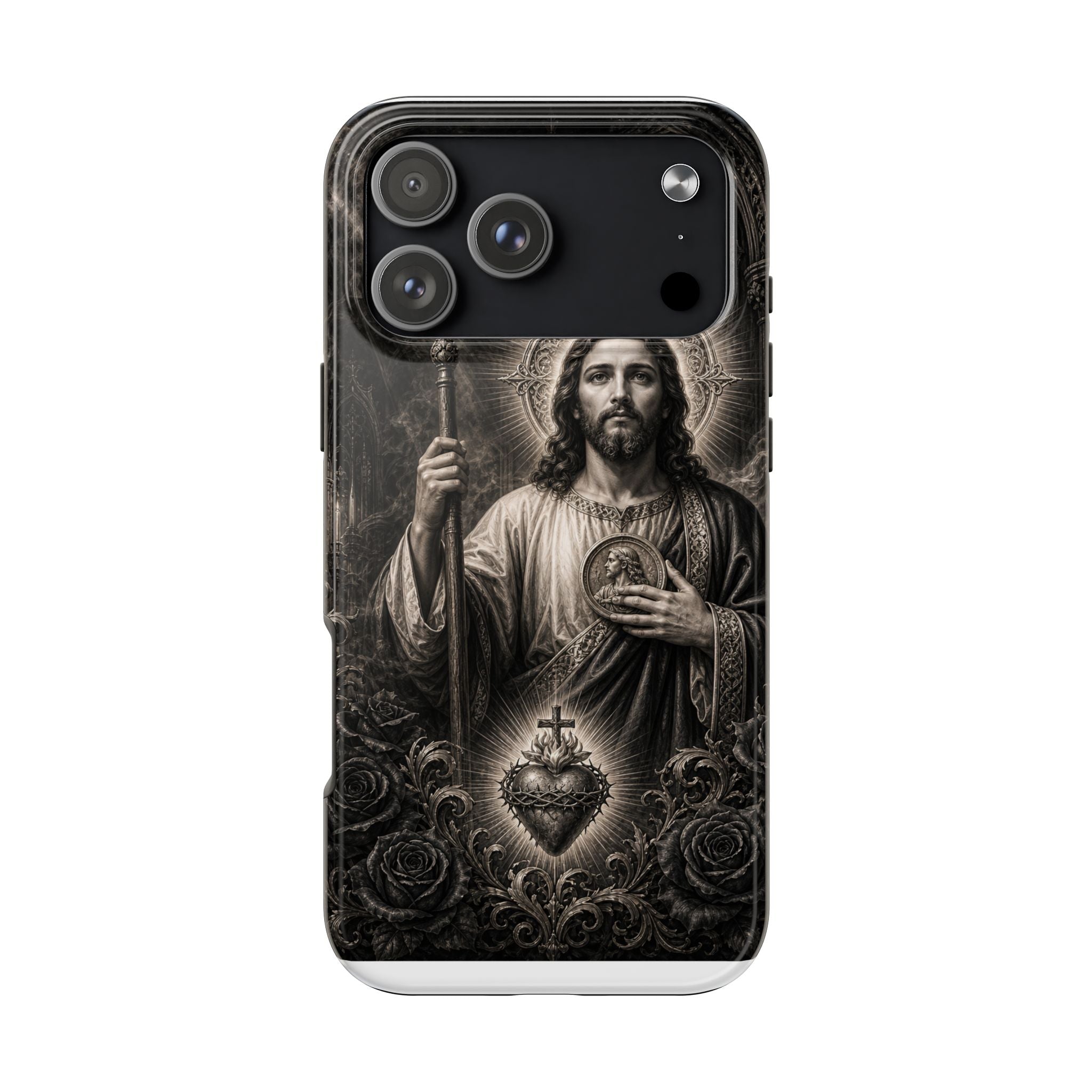San Judas Tadeo black and grey Gothic cathedral tough iPhone case mockup