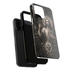 San Judas phone case with black and grey Gothic cathedral artwork, detail view 21