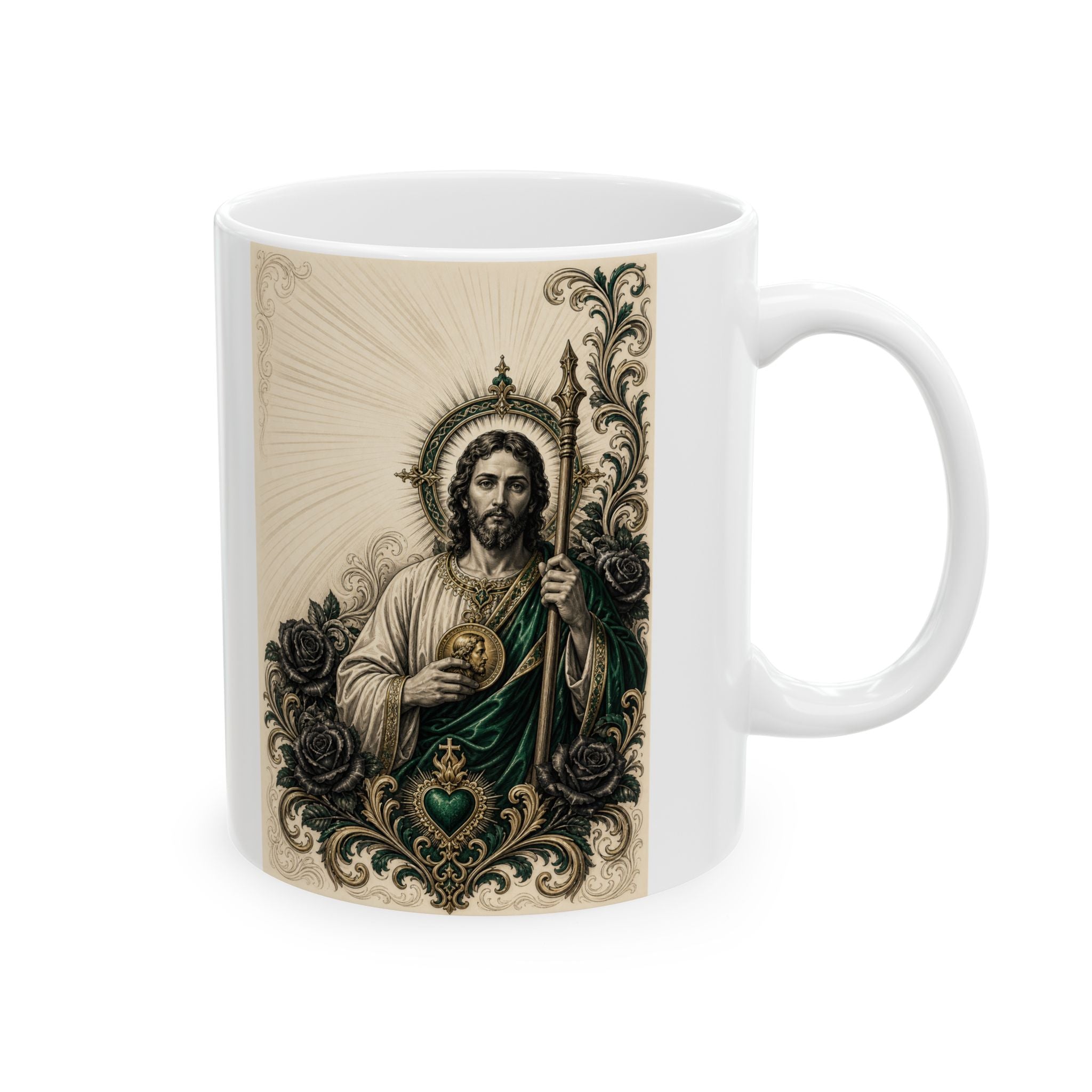 Caneca de Cerâmica Sagrado Coração San Judas Tadeo com Esmeralda e Ouro