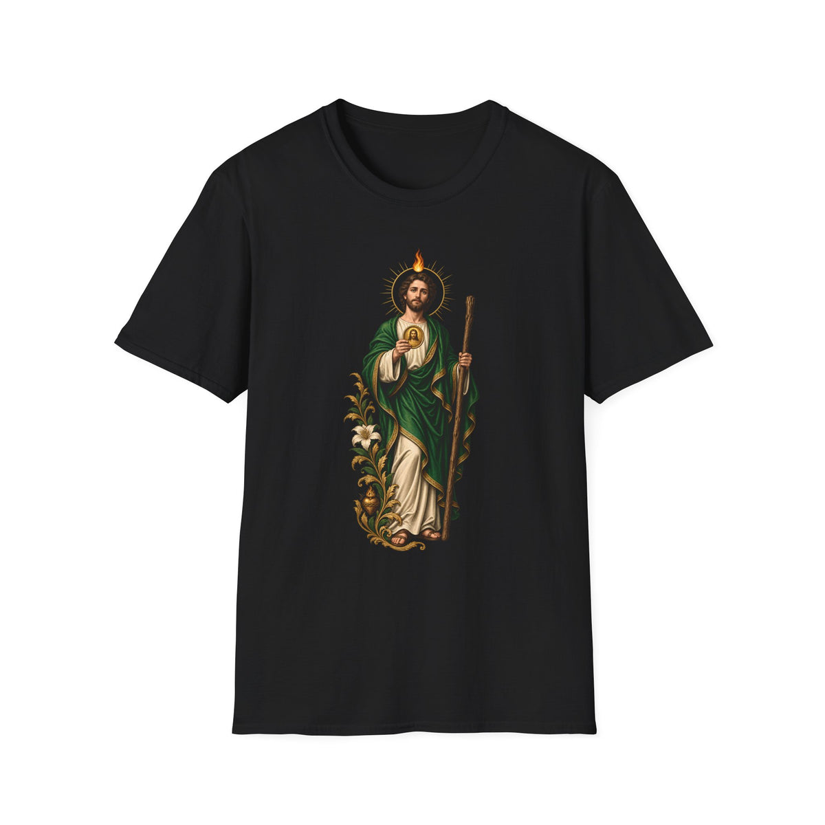 Camiseta Unissex Sagrado Coração São Judas Tadeu Preto e Dourado
