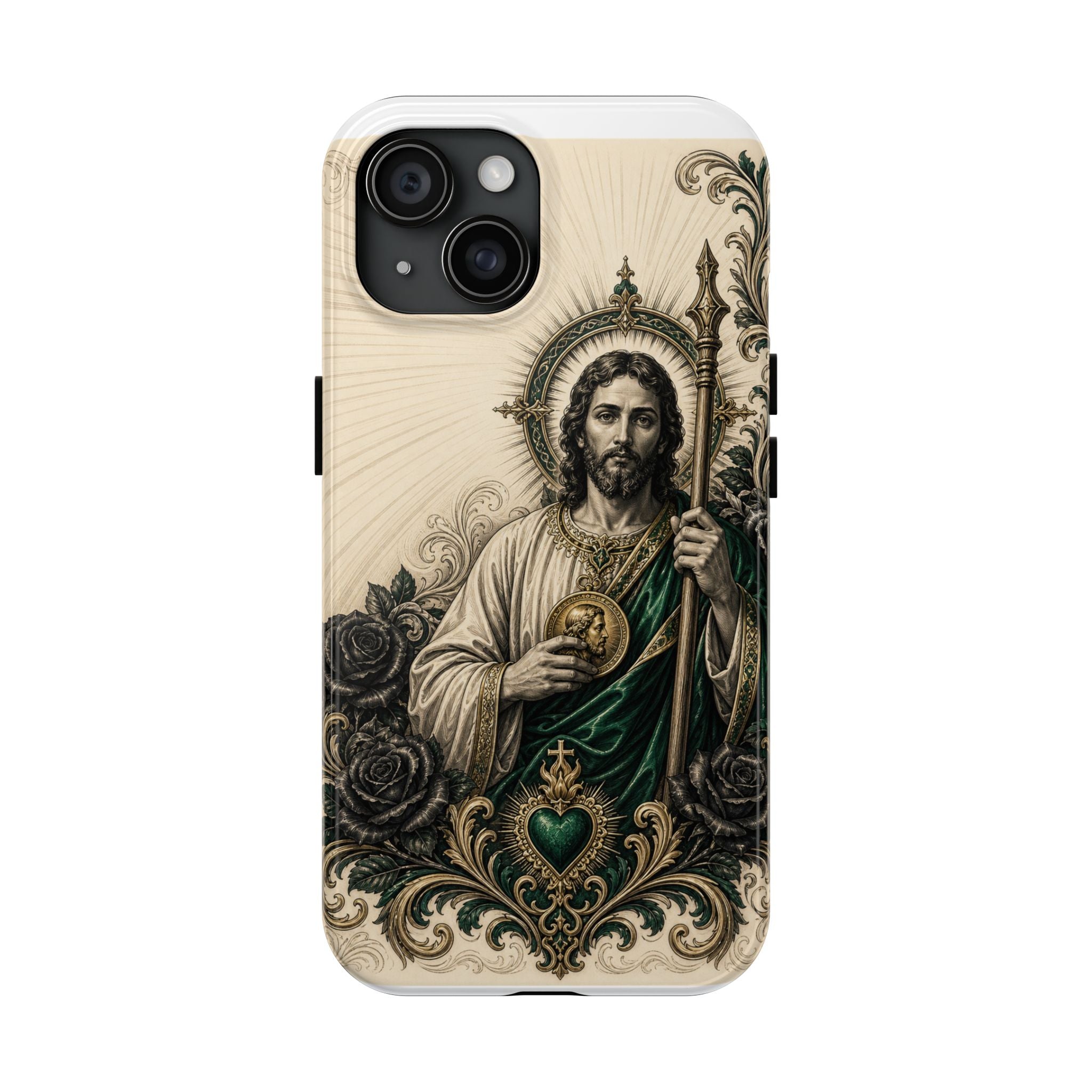 Capa de Celular Resistente São Judas Tadeu Esmeralda e Ouro Sagrado Coração