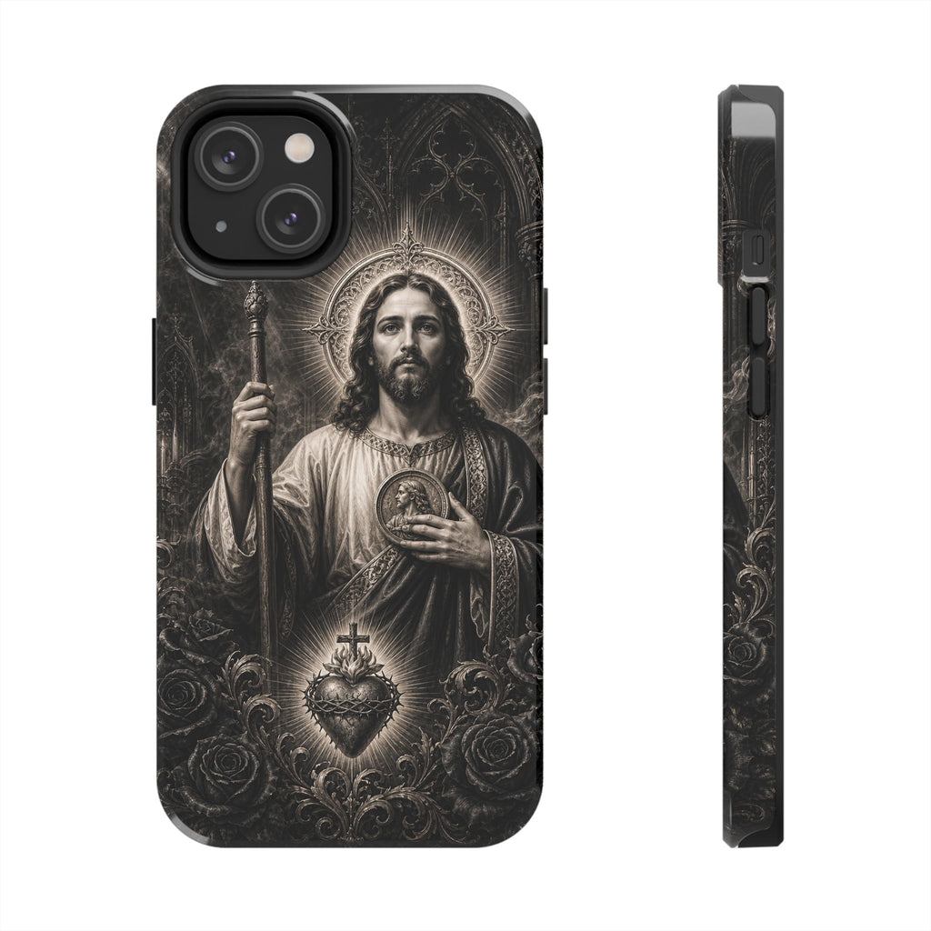 San Judas phone case with black and grey Gothic cathedral artwork, detail view 14