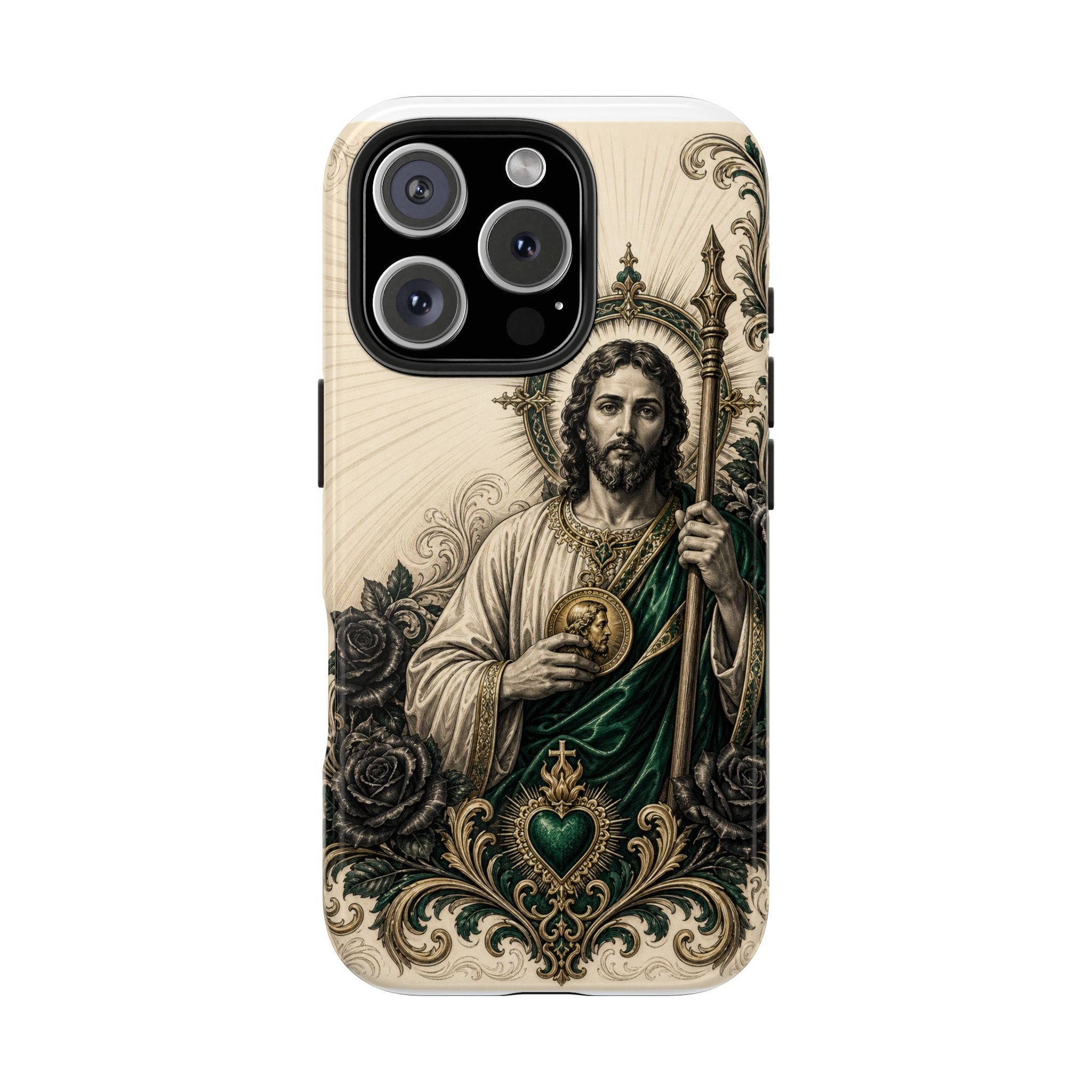 Capa de Celular Resistente São Judas Tadeu Esmeralda e Ouro Sagrado Coração