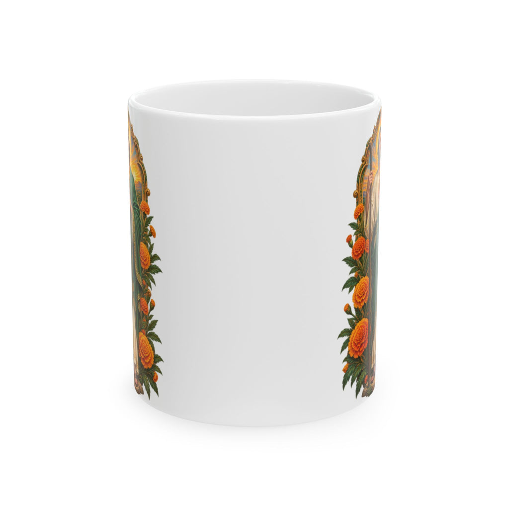 Marigold sun arch San Judas Tadeo illustration on a white ceramic mug