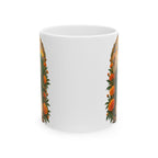 Marigold sun arch San Judas Tadeo illustration on a white ceramic mug