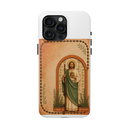 iPhone 15 Pro Max San Judas phone case with terracotta rosary garden artwork
