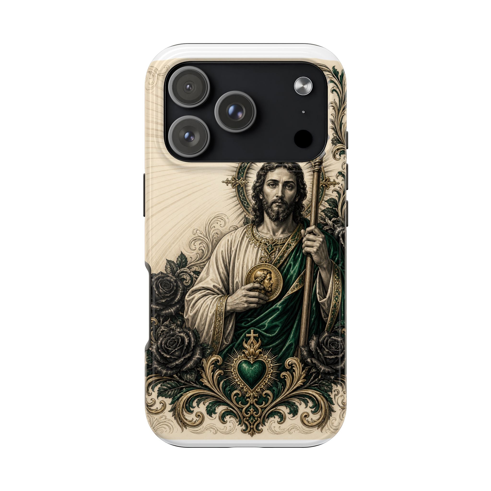 Capa de Celular Resistente São Judas Tadeu Esmeralda e Ouro Sagrado Coração