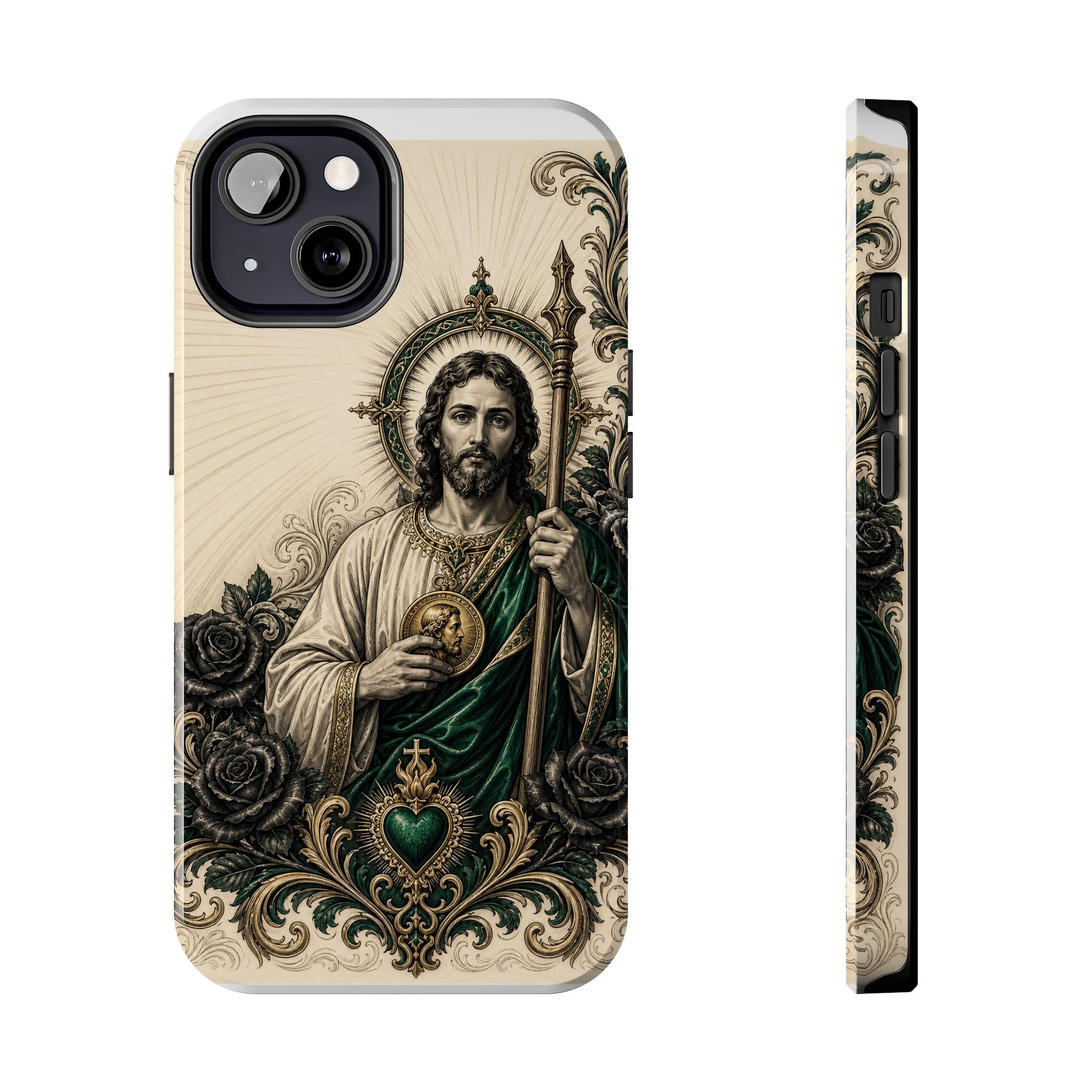 Capa de Celular Resistente São Judas Tadeu Esmeralda e Ouro Sagrado Coração