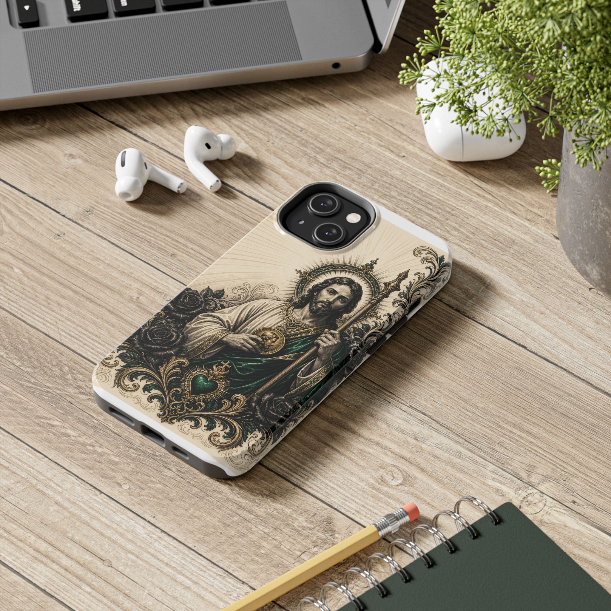 Capa de Celular Resistente São Judas Tadeu Esmeralda e Ouro Sagrado Coração