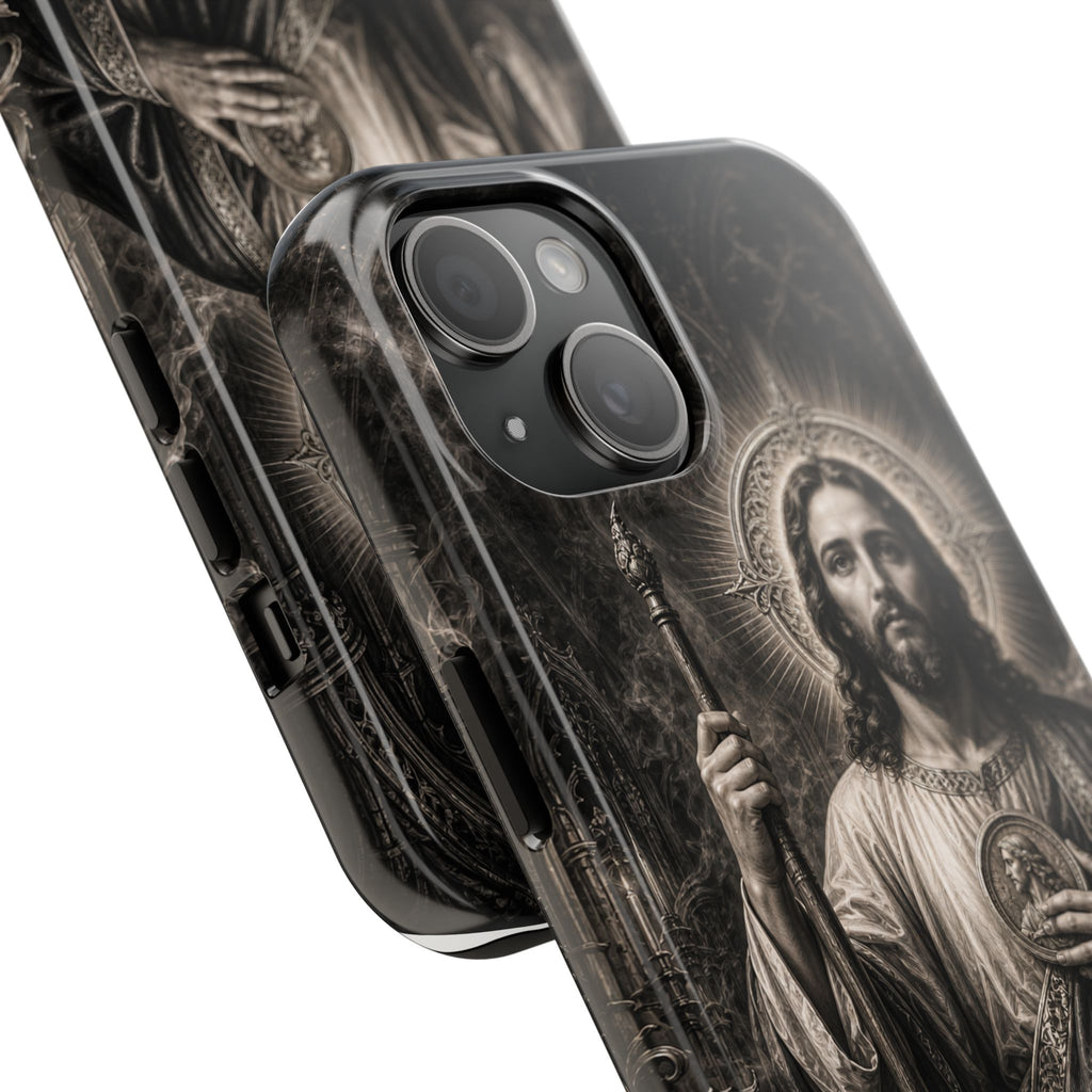 San Judas phone case with black and grey Gothic cathedral artwork, detail view 16