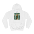 aqua, pearl, and aged brass San Judas Tadeo Aqua Radiant Sanctuary illustration on a unisex hoodie