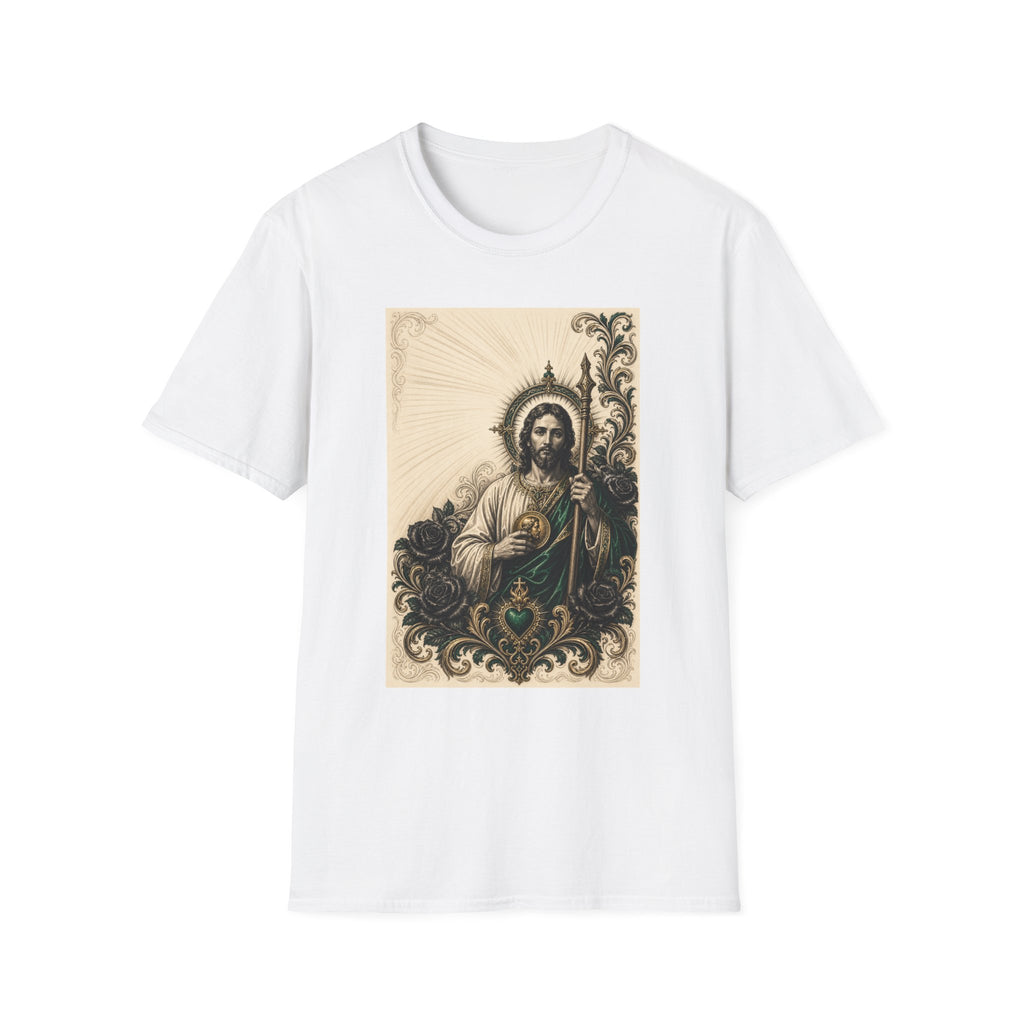 Camiseta Unissex Sagrado Coração de São Judas Tadeu Esmeralda e Dourado